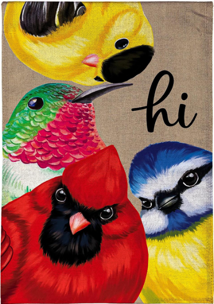 Peeping Bird "Hi" Burlap Garden Flag